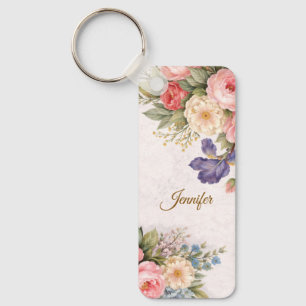 Llavero Diseño Floral de Rosa Vintage Rústico Personalizad