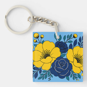 Llavero Diseño floral elegante de amarillo y azul marino
