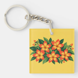 Llavero Diseño floral naranja con hojas verdes