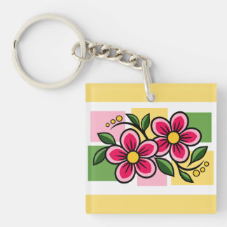 Llavero Diseño floral rosa con hojas verdes