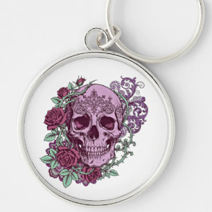 Llavero Diseño goth de cráneo de lavanda con rosas