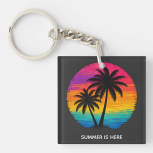 Llavero Diseño Retro de Palmeras en Puesta de Sol Tropical
