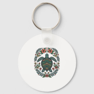Llavero Diseño Vectorial Floral de Tortuga Marina Vintage_