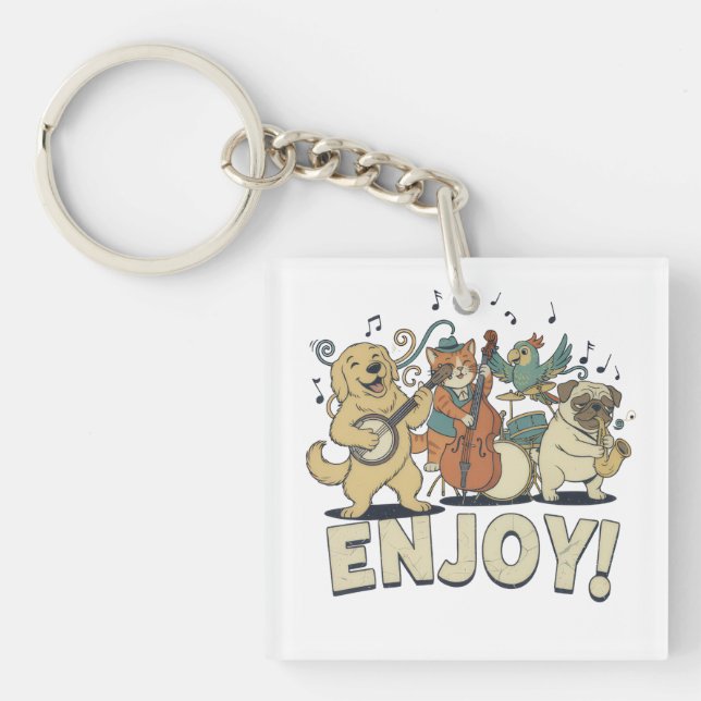 Llavero “Disfruta – Mascotas Adorables Tocando Instrumento (Frente)