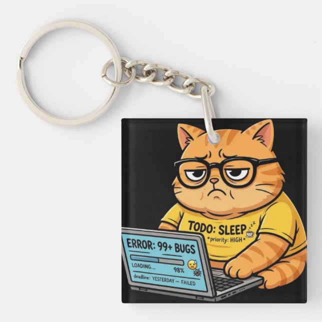 Llavero divertido de gato naranja programador (Frente)