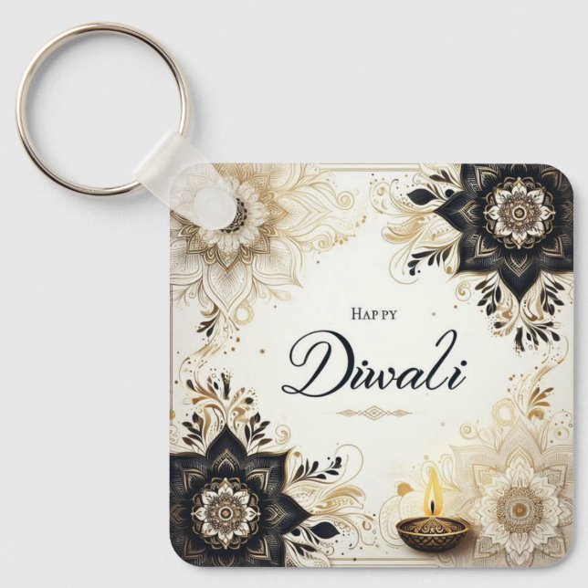 Llavero Diwali con flores elegantes y diya (Anverso)