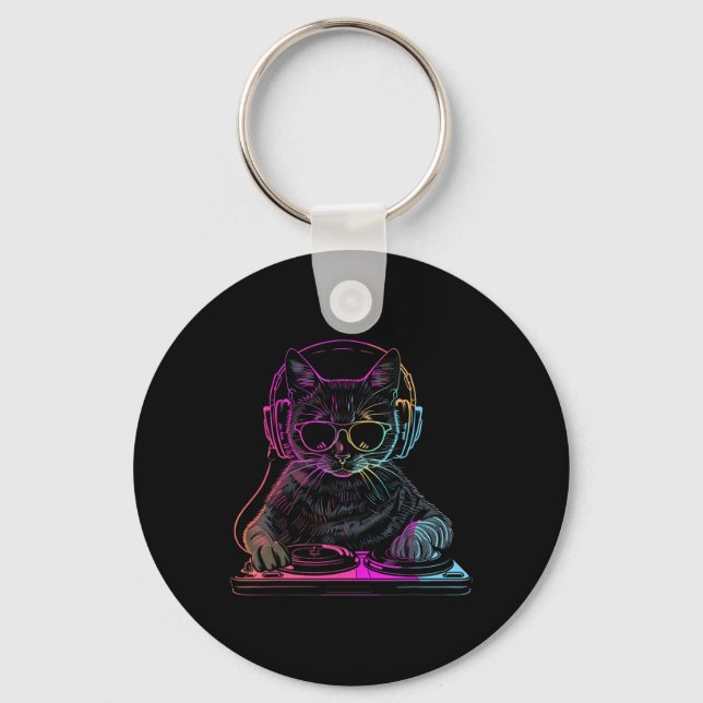 Llavero Dj Cat Edm Techno House Music Funny Cat Lover (Anverso)