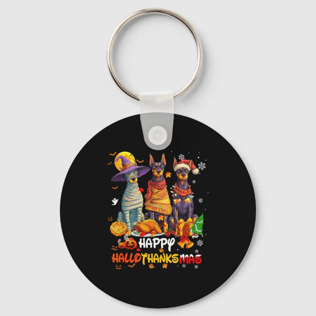 Llavero Doberman Happy Hallothanksmas Dog Lover Christmas  (Anverso)
