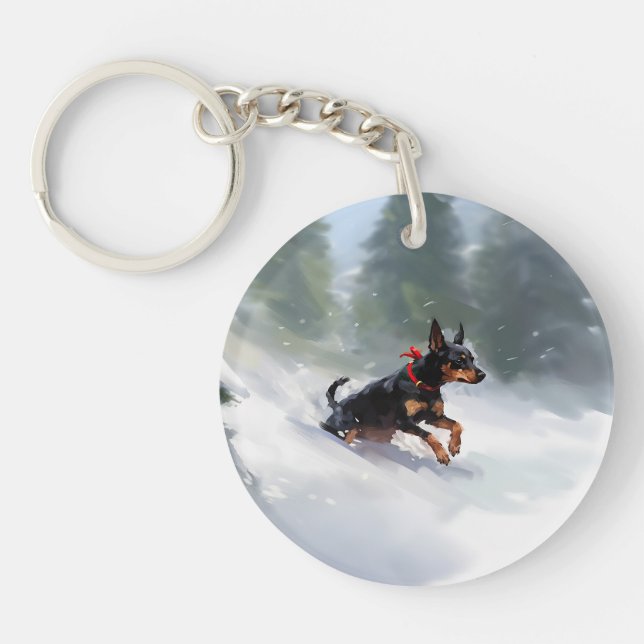 Llavero Doberman Pinscher Navidad nieve invierno (Frente)