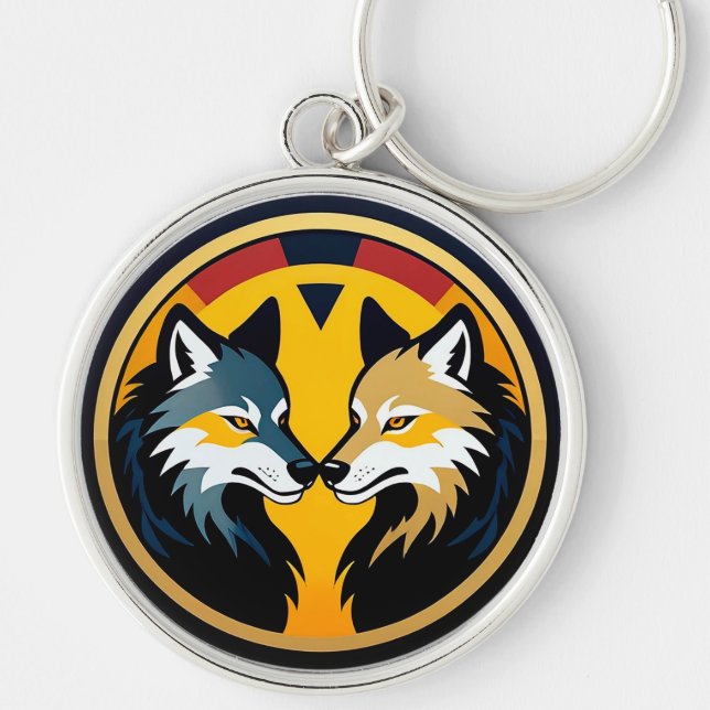 Llavero Doble emblema de lobo con círculo dorado (Frente)