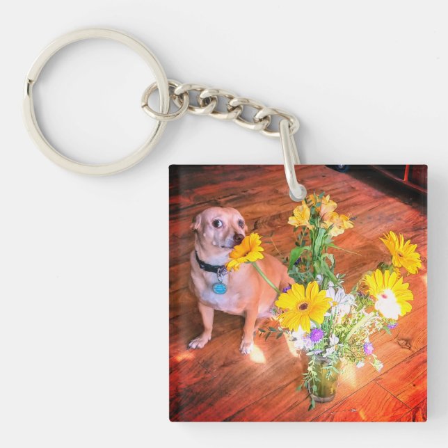 Llavero ¡Doggie oliendo las flores! (Frente)