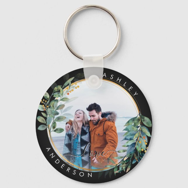 Llavero Dorado Floral Botánica Pareja Verde Acuarela (Anverso)