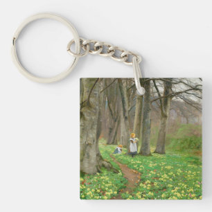 Llavero Dos chicas recogiendo flores en el bosque de prima