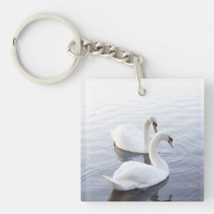 Llavero Dos cisnes nadando en un lago tranquilo