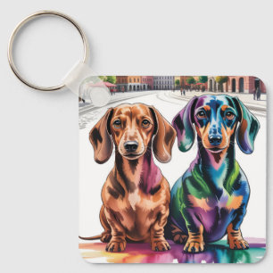 Llavero Dos Dachshunds Coloridos en una Plaza de una Ciuda