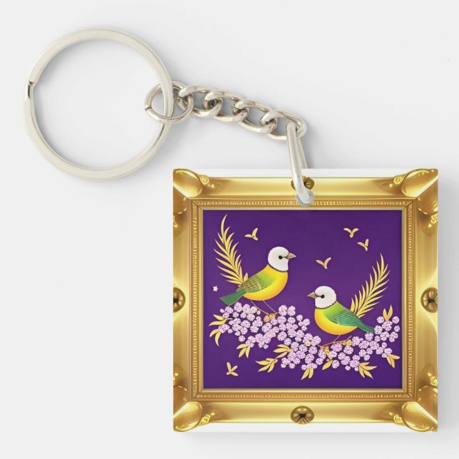 Llavero Dos pájaros con marco de oro ordenado (Frente)