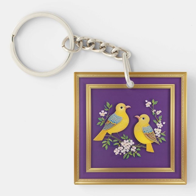 Llavero Dos pájaros en marco de oro ornamentado (Frente)