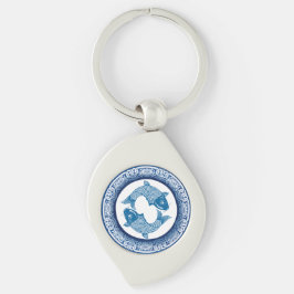 Llavero Dos Piscis Koi Carp Chinoiserie Patrón azul