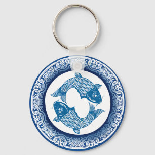 Llavero Dos Piscis Koi Carp Chinoiserie Patrón azul