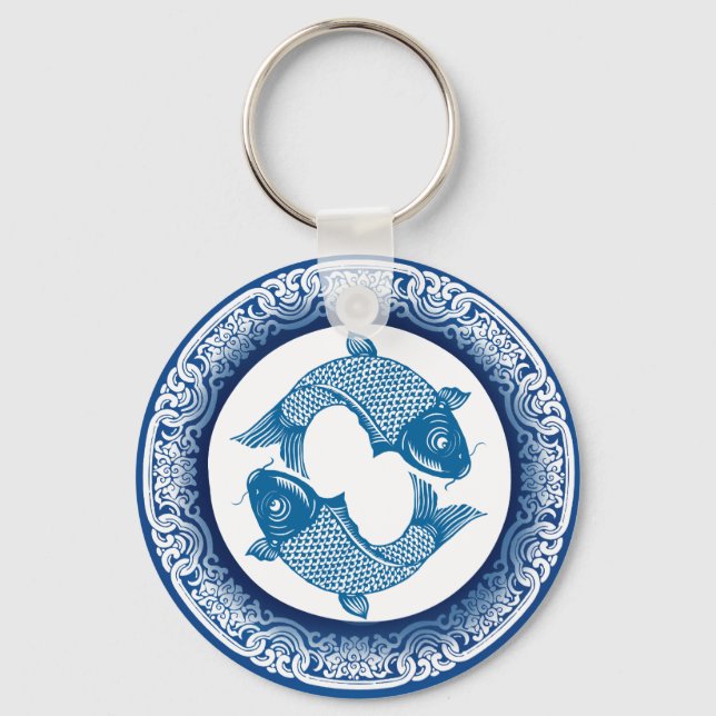 Llavero Dos Piscis Koi Carp Chinoiserie Patrón azul (Anverso)