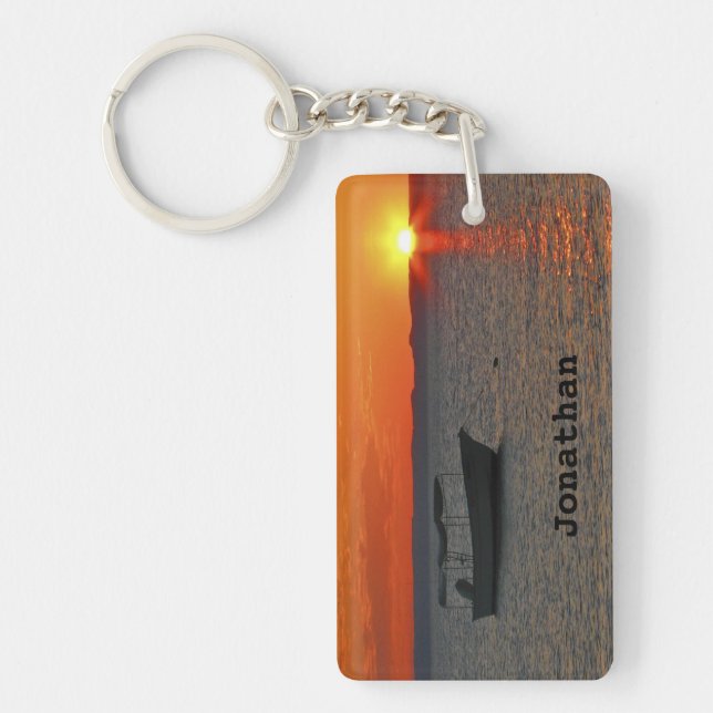 Llavero Double Sided Fishing Boat, Orange Sunset Sky, Name (Frente)