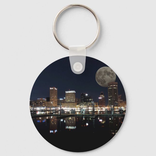Llavero Downtown Baltimore Maryland Night Skyline Moon (Anverso)