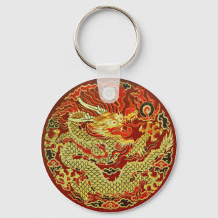 Llavero Dragón asiático dorado bordado en rojo oscuro
