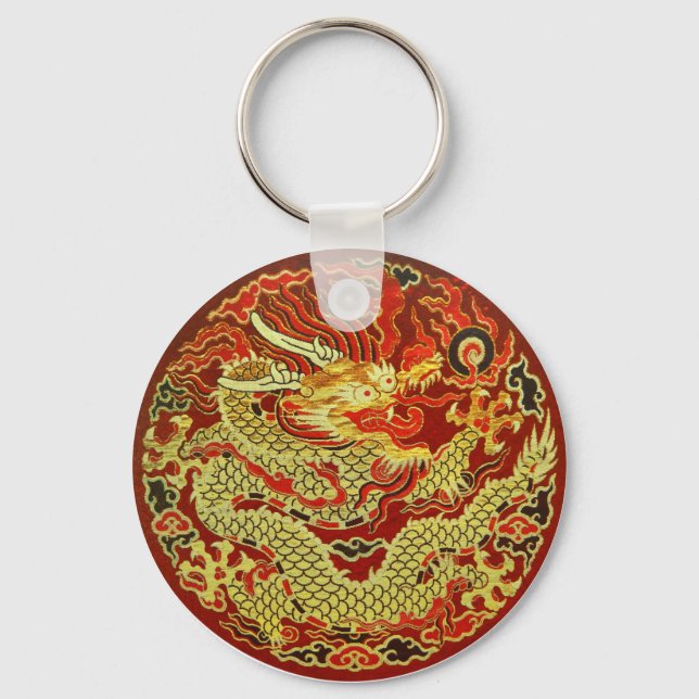 Llavero Dragón asiático dorado bordado en rojo oscuro (Anverso)