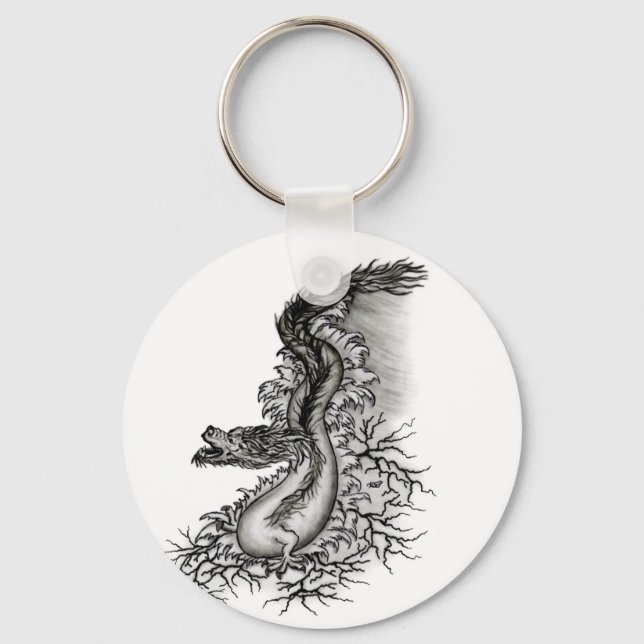 Llavero Dragón chino, diseño blanco y negro en tatuostyl (Anverso)