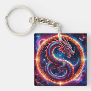 Llavero Dragón Cósmico Ardiente Rodeado por un Anillo Cele