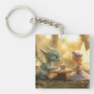 Llavero Dragón de bebé dulce y hadas disfrutando del té