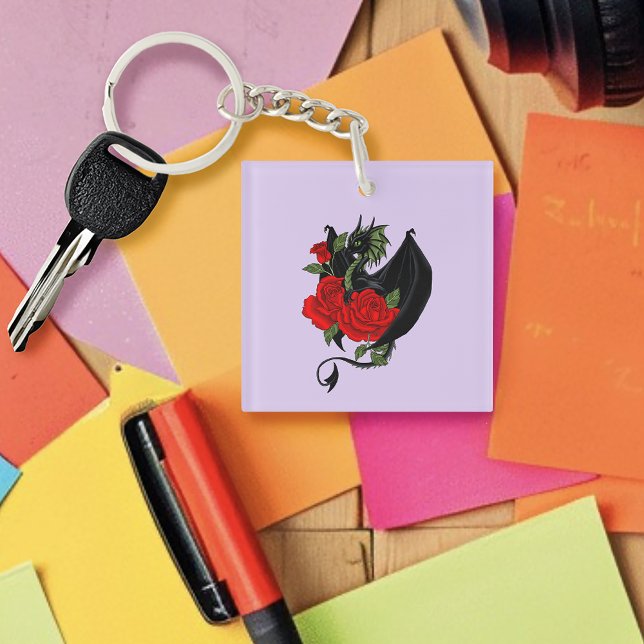 Llavero Dragón Negro Místico Rosas Rojas Lavanda Gótico (Subido por el creador)
