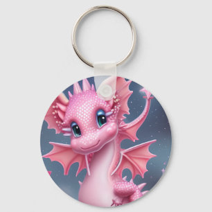 Llavero Dragón rosa lindo con flores rosadas