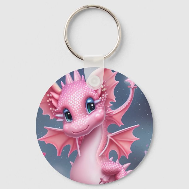 Llavero Dragón rosa lindo con flores rosadas (Anverso)