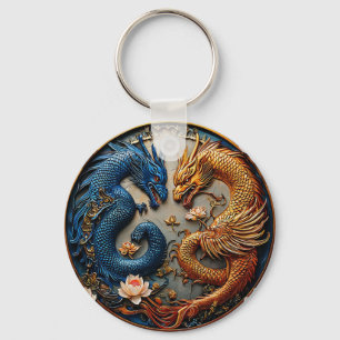 Llavero Dragones azules y dorados en diseño de Yin Yang