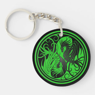 Llavero Dragones de Yin Yang del vuelo - verde y negro