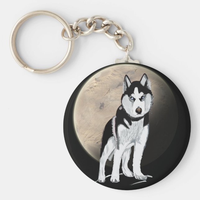 Llavero Dramático Husky blanco y negro contra la luna llen (Frente)