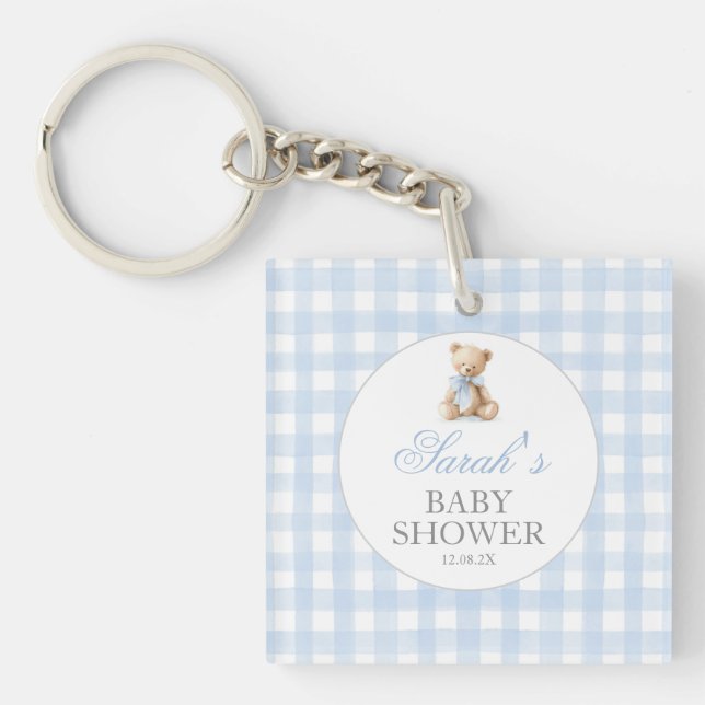 Llavero Ducha de bebé de oso de gingham azul (Frente)