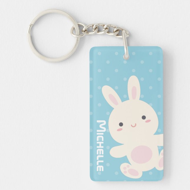Llavero Dulce Adorable lindo Bunny Pastel Blue Polka Dots (Frente)