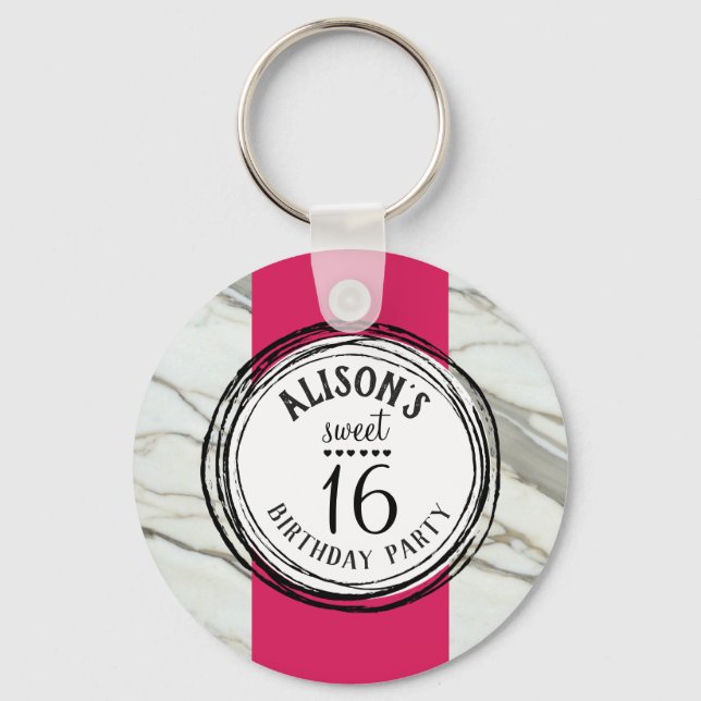 Llavero Dulce dieciséis de diseño rosa, negro, mármol blan (Anverso)