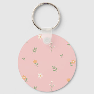 Llavero Dulce Patrón Floral Pastel en Fondo Rosa