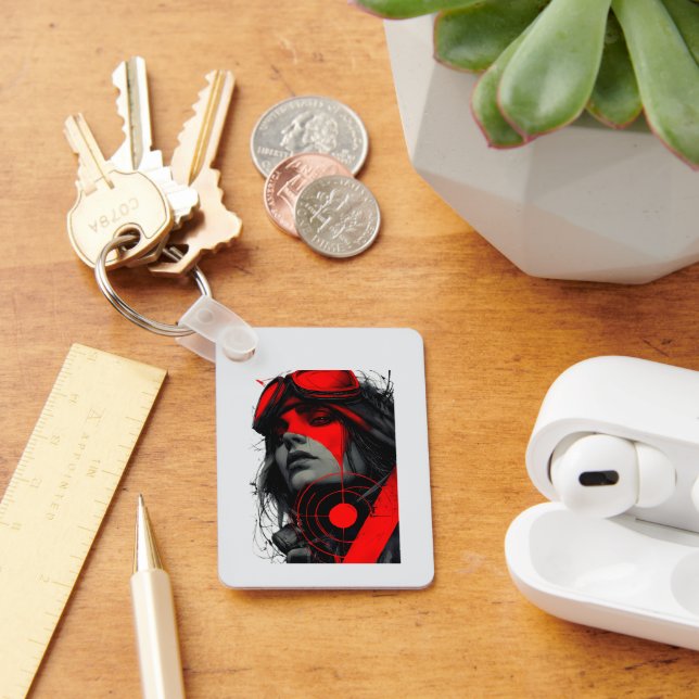 Llavero Edgy Cyberpunk Dystopian Girl Red Target Keychains (Escritorio )