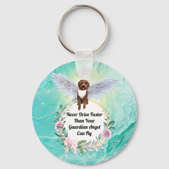 Llavero El ángel de perro Labradoodle nunca conduce más rá (Anverso)