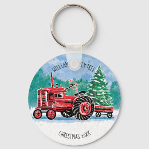 Llavero El árbol de navidad rojo del tractor del vintage