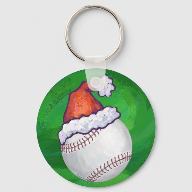 Llavero El béisbol en Santa Hat en Green (Anverso)
