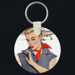 Llavero El Chica que robó aviones<br><div class="desc">Artista:Coby Whitmore | Chica frente al avión con traje de salto azul y bandana roja</div>