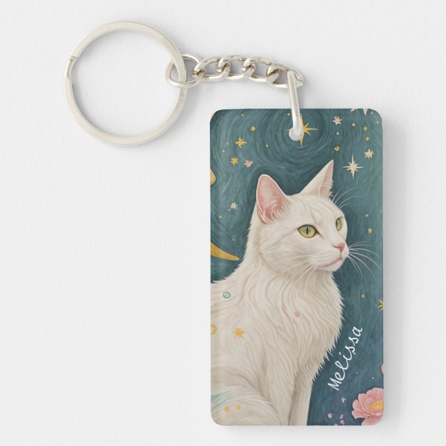 Llavero El encantador gato blanco con ojos verdes (Frente)