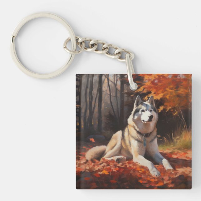 Llavero El Husky Siberiano en otoño se inspira en las hoja (Frente)