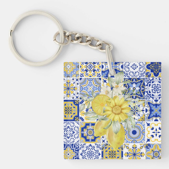 Llavero El mosaico florece en azul y amarillo (Frente)