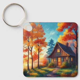 Llavero El paisaje natural con una cabaña en el bosque
